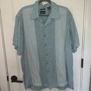 Linen Blend Shirt 2XL XXL Aqua Blue Button Up‎ Short Sleeve Beach Hawaiian